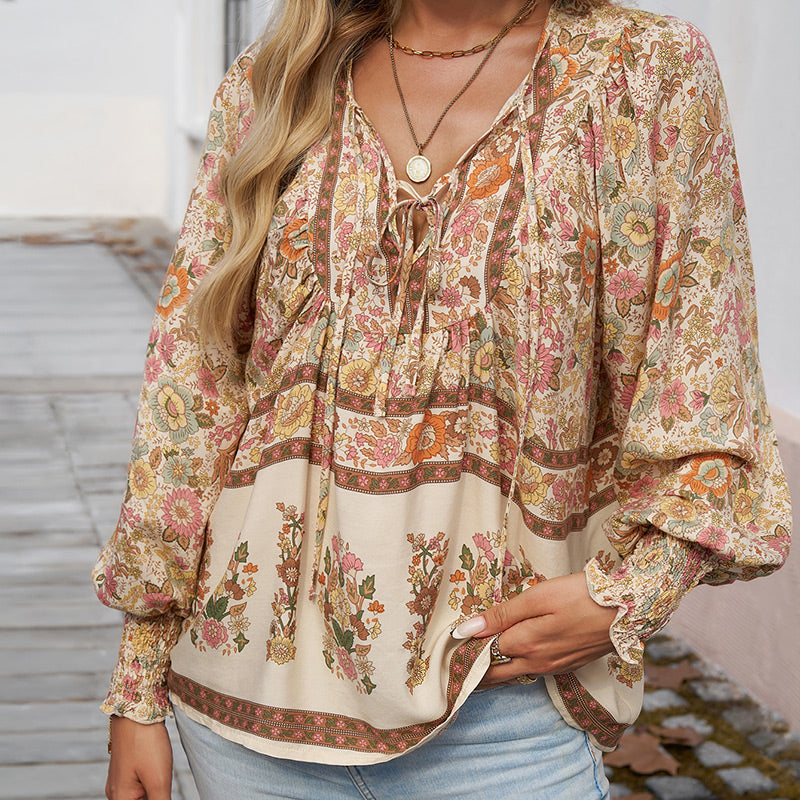 Leyla Printed Long Sleeve Shirt with V-Neck