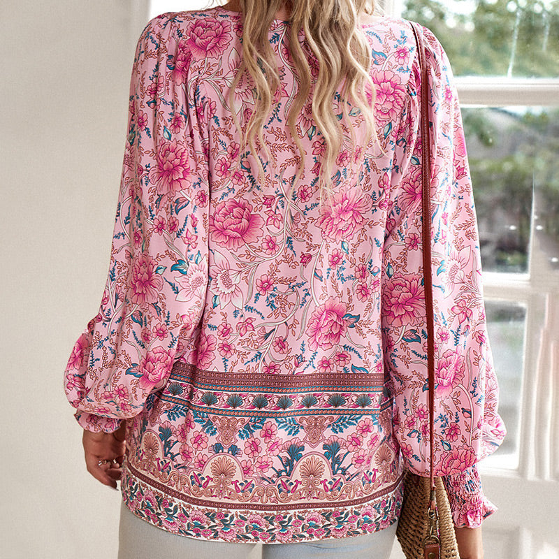Leyla Printed Long Sleeve Shirt with V-Neck