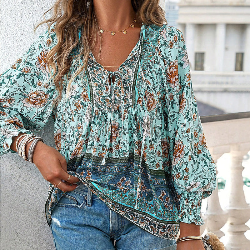 Leyla Printed Long Sleeve Shirt with V-Neck