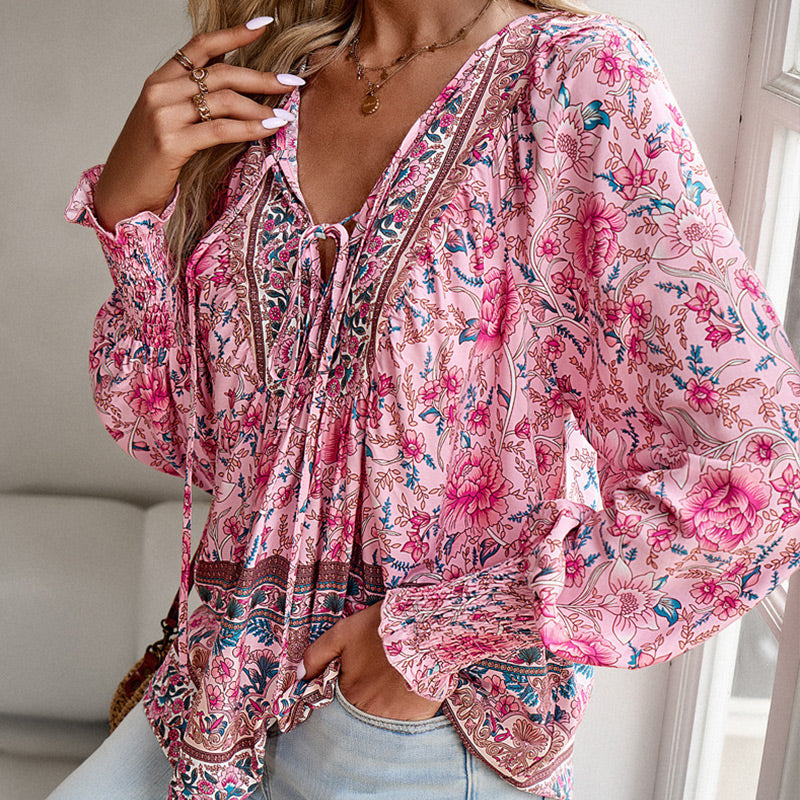 Leyla Printed Long Sleeve Shirt with V-Neck