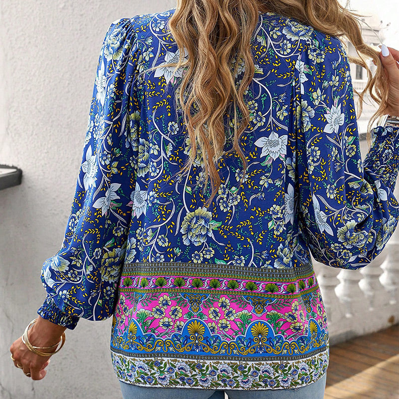 Leyla Printed Long Sleeve Shirt with V-Neck