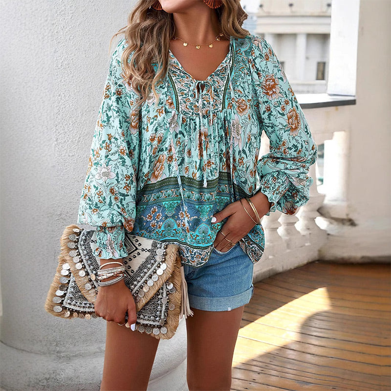 Leyla Printed Long Sleeve Shirt with V-Neck