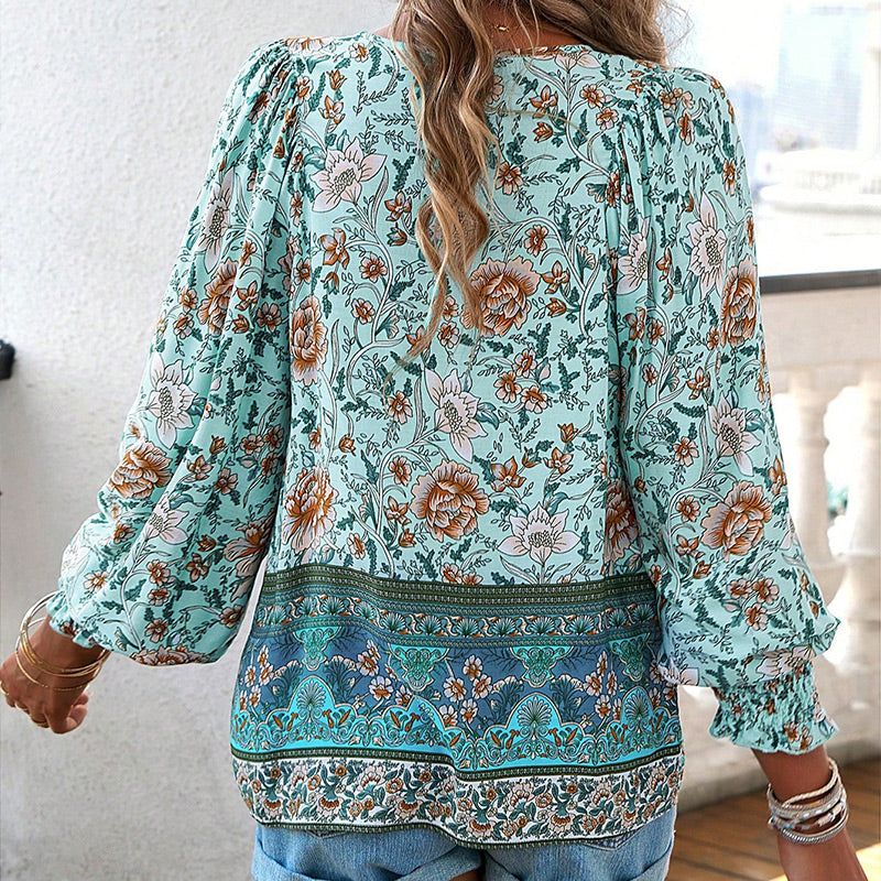 Leyla Printed Long Sleeve Shirt with V-Neck