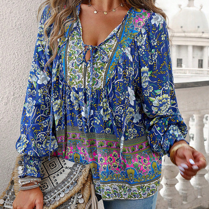 Leyla Printed Long Sleeve Shirt with V-Neck