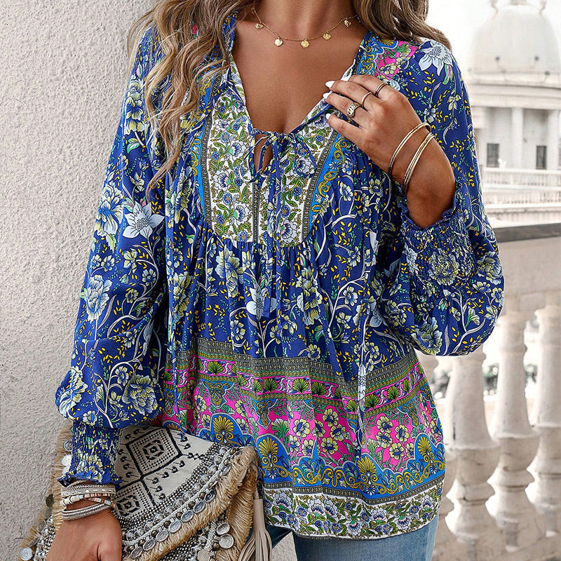 Leyla Printed Long Sleeve Shirt with V-Neck