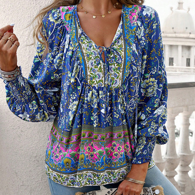 Leyla Printed Long Sleeve Shirt with V-Neck