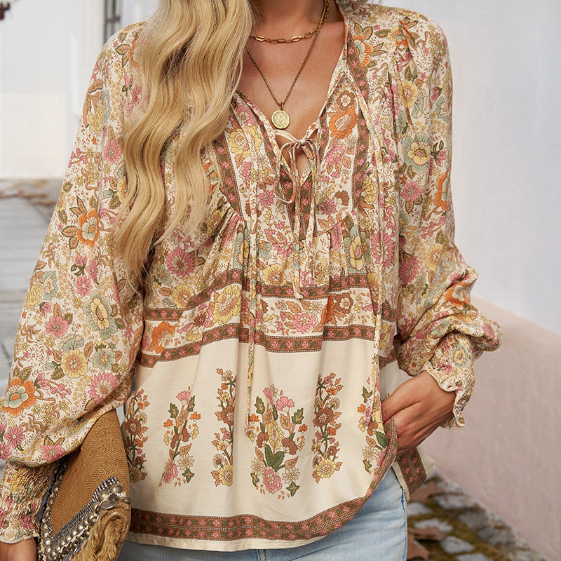 Leyla Printed Long Sleeve Shirt with V-Neck