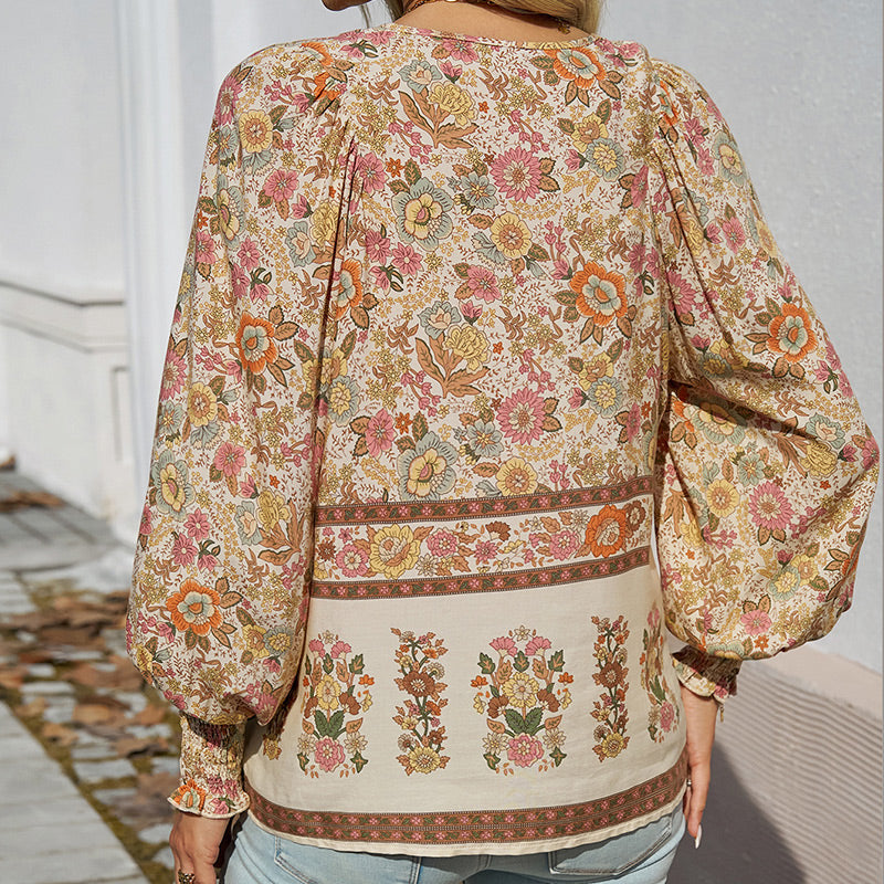 Leyla Printed Long Sleeve Shirt with V-Neck