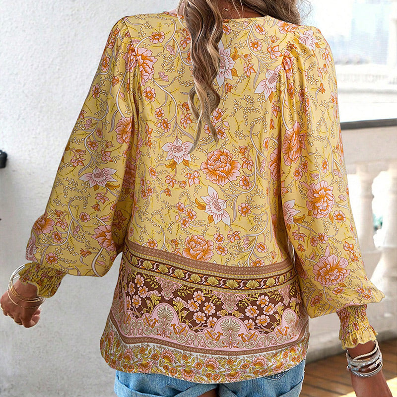 Leyla Printed Long Sleeve Shirt with V-Neck