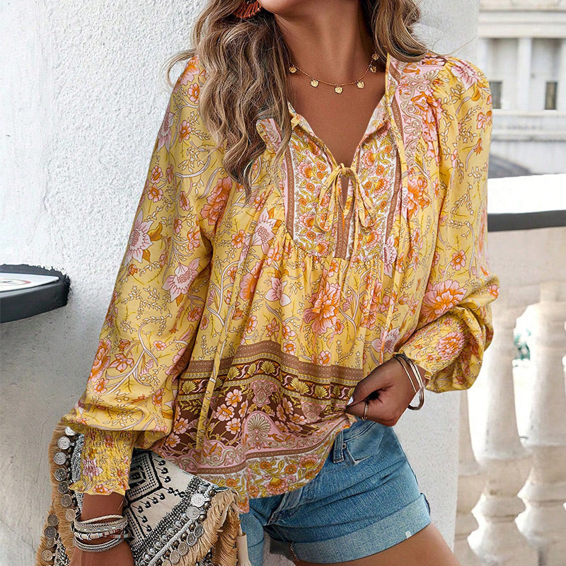 Leyla Printed Long Sleeve Shirt with V-Neck