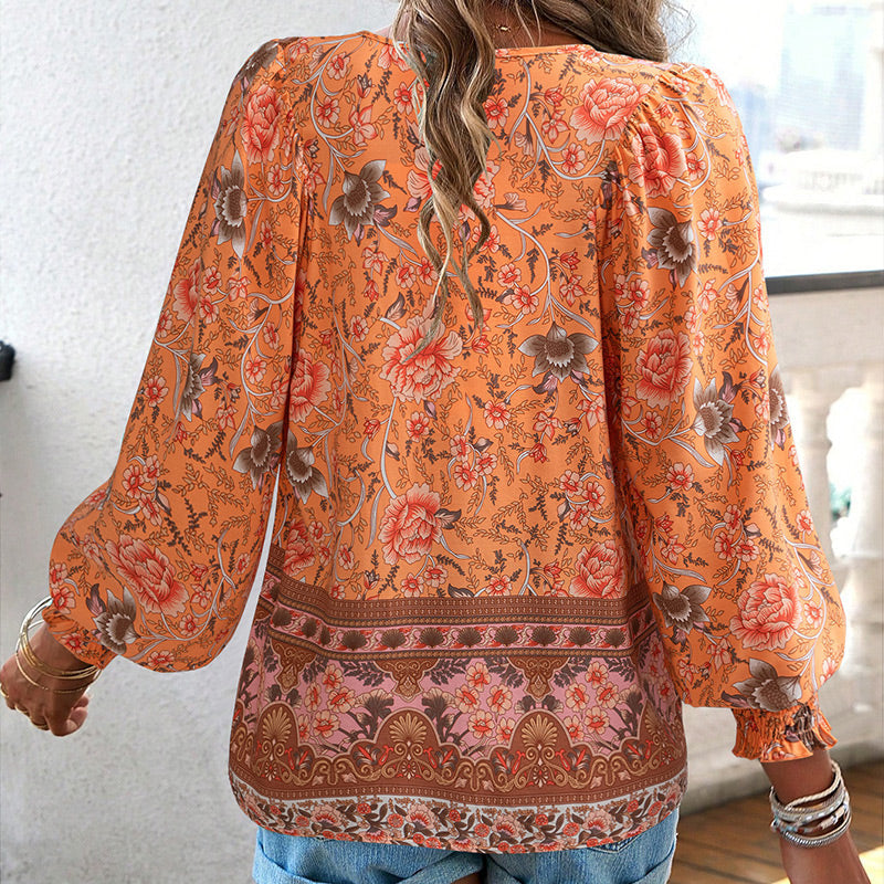 Leyla Printed Long Sleeve Shirt with V-Neck