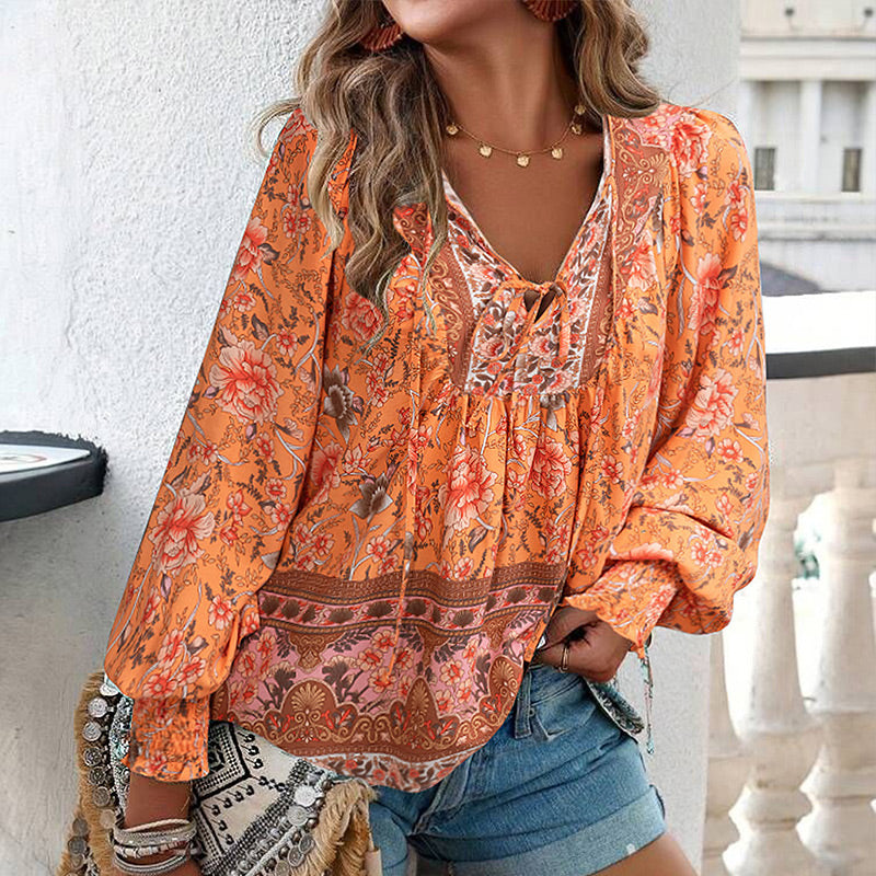 Leyla Printed Long Sleeve Shirt with V-Neck