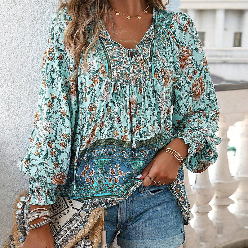 Leyla Printed Long Sleeve Shirt with V-Neck
