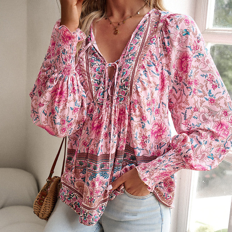Leyla Printed Long Sleeve Shirt with V-Neck