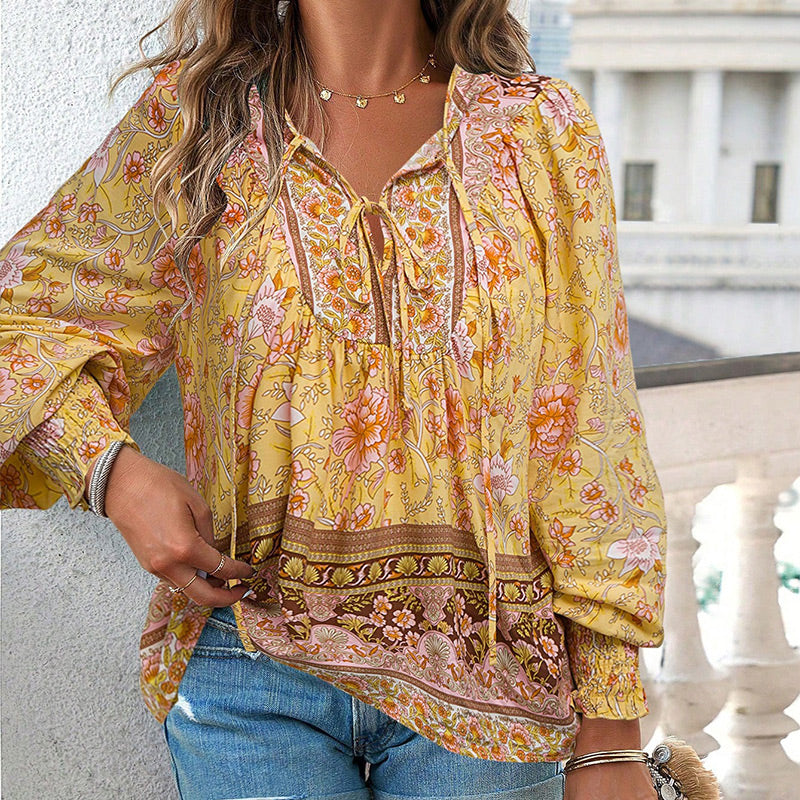 Leyla Printed Long Sleeve Shirt with V-Neck