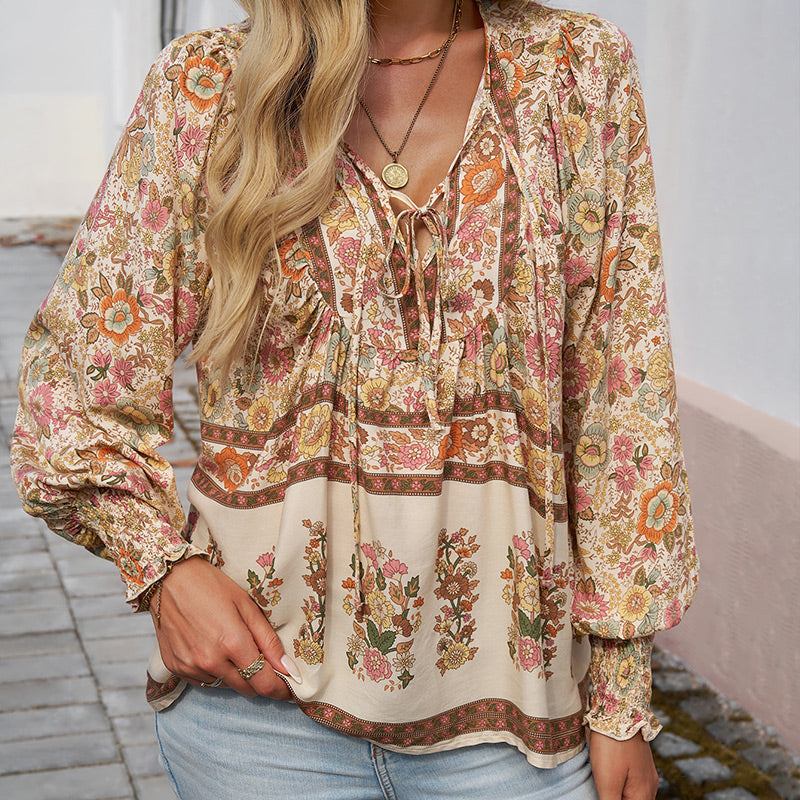Leyla Printed Long Sleeve Shirt with V-Neck