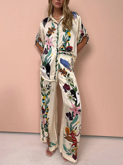 Satin Flow™ 2.0 – Printed Satin 2-Piece Set with Oversized Blouse & Wide Leg Pants