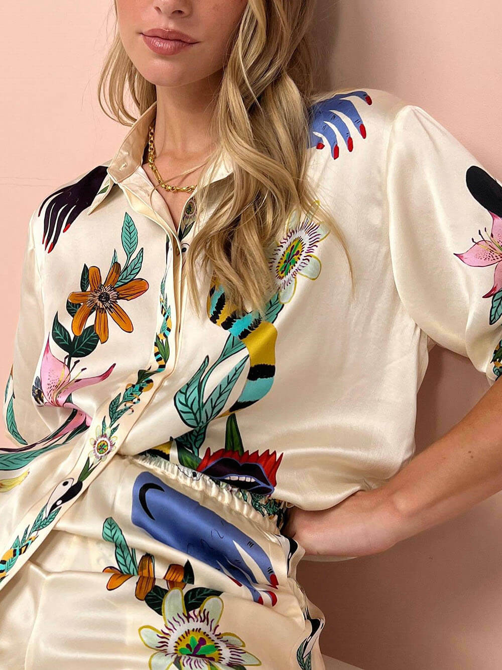 Satin Flow™ 2.0 – Printed Satin 2-Piece Set with Oversized Blouse & Wide Leg Pants