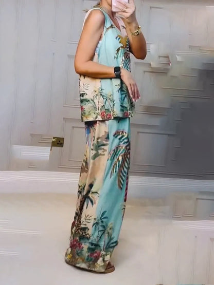 Tropical Palm Tree Print Loose Fit V-Neck Sleeveless Tank Top