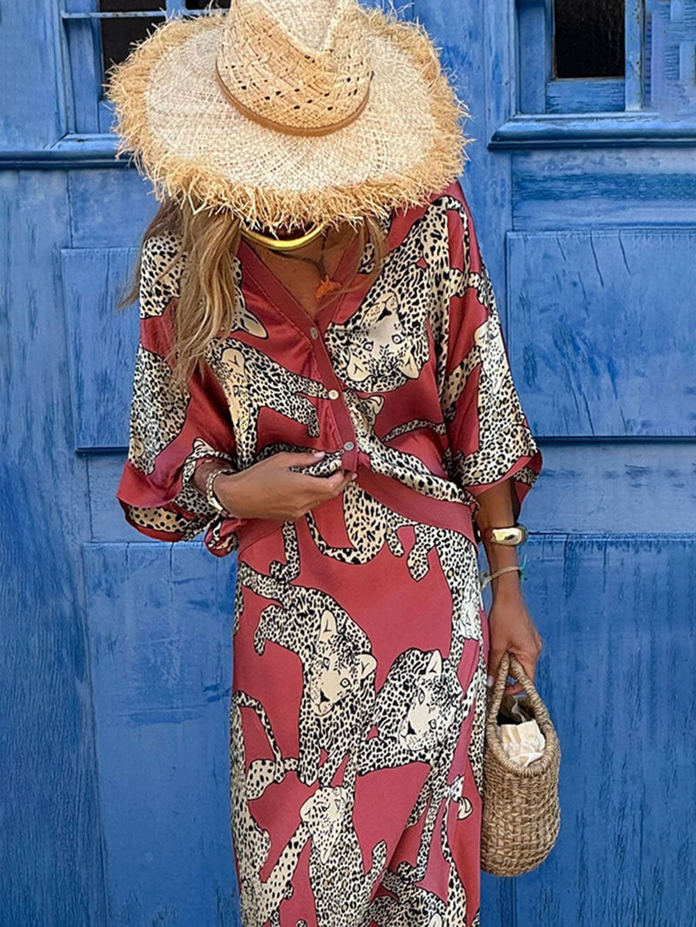 Tiger Satin Set™ 2.0 – High Rise Elastic Waist Maxi Skirt and Button Down Oversized Blouse