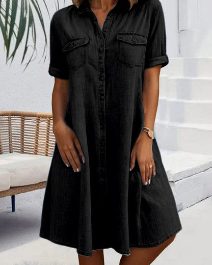 Sveta Short-Sleeved Denim Dress with Button Placket