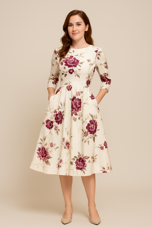 SOHO | Women's Floral Summer Dress with A-Line and 3/4 Sleeves, Airy & Light