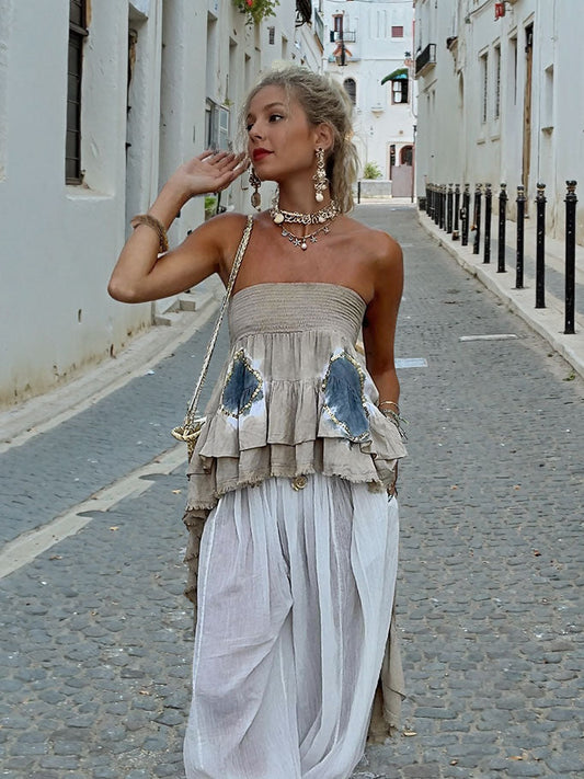 Bohemian Breeze Set™ 2.0 – Layered Ruffle Strapless Top and Sheer Drawstring Harem Pants