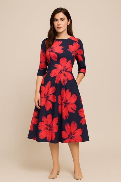 SOHO | Women's Floral Summer Dress with A-Line and 3/4 Sleeves, Airy & Light