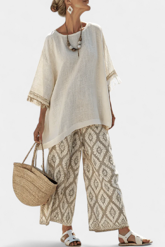 Complete Boho Chic Daisy: Long Shirt and Printed Pants for a Unique Style