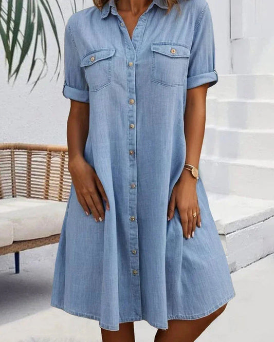 Sveta Short-Sleeved Denim Dress with Button Placket