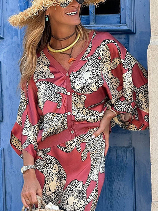 Tiger Satin Set™ 2.0 – High Rise Elastic Waist Maxi Skirt and Button Down Oversized Blouse