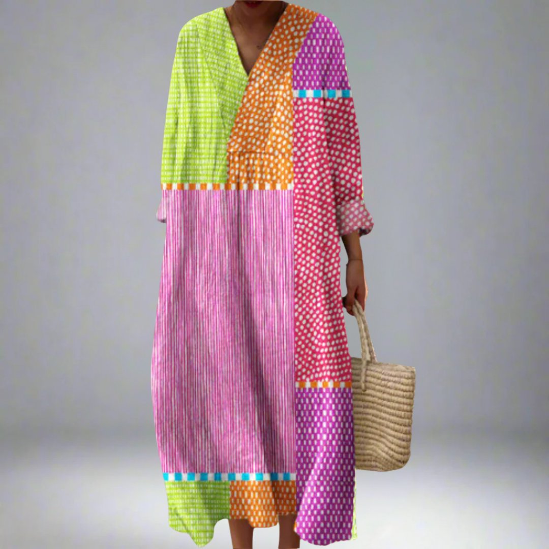 Zélie | Multicolored Patchwork Dress with Dots and Stripes