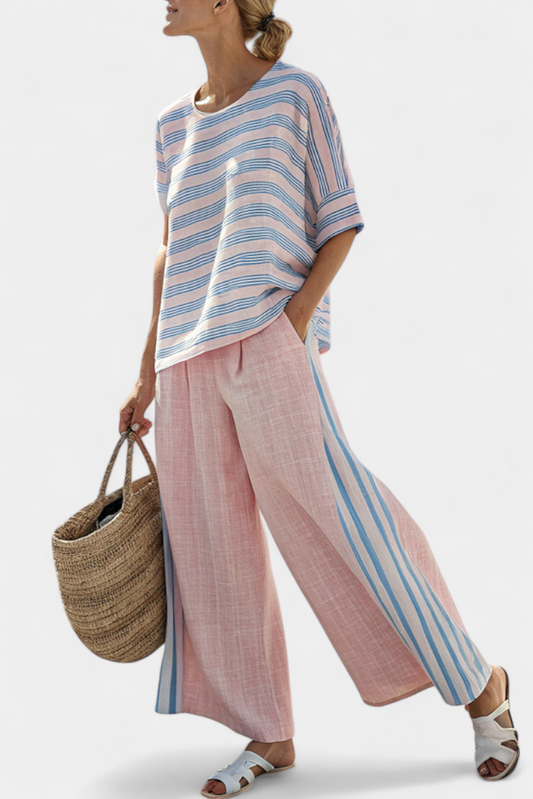 Set in bamboo linen Daisy Mediterranean in delicate pastel pink with elegant blue stripes