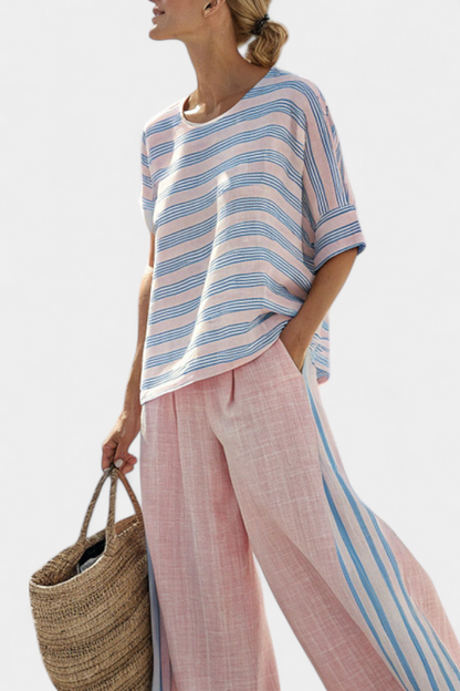 Set in bamboo linen Daisy Mediterranean in delicate pastel pink with elegant blue stripes