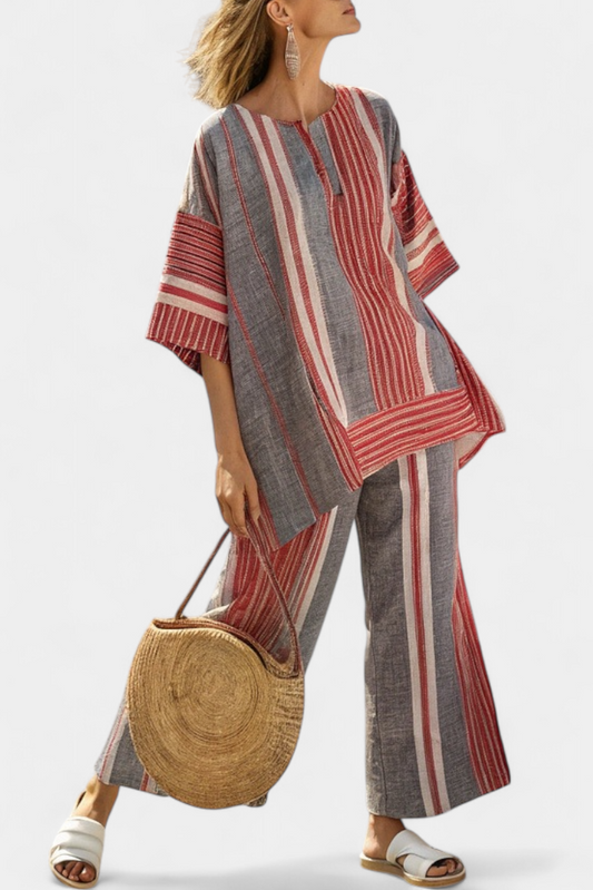 Complete Oversized Daisy in Linen with Coral and Gray Striped Skirt, Modern and Comfortable Style