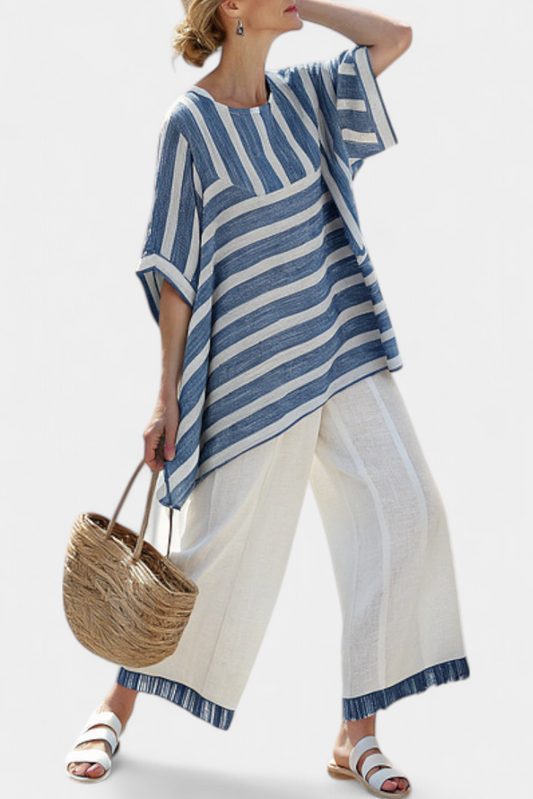 Elegant Mediterranean Linen Set with Blue Stripes and Hem-Finished Pants for a Fresh and Stylish Look