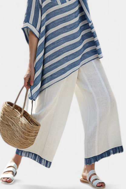 Elegant Mediterranean Linen Set with Blue Stripes and Hem-Finished Pants for a Fresh and Stylish Look