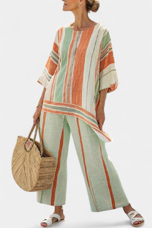 Elegant Striped Bamboo Linen Set with Asymmetrical Blouse and Wide Pants for a Refined Style