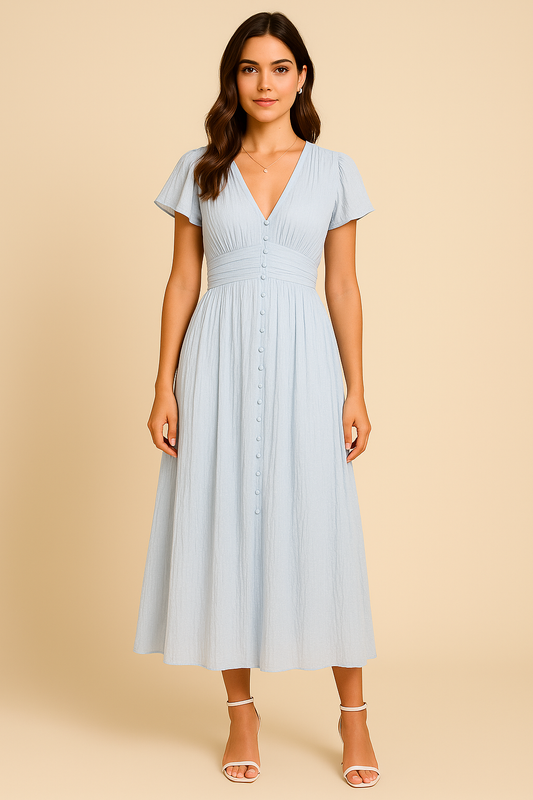 SOHO | Women's Maxi Dress Airy-Light with Button Placket and Puff Sleeves