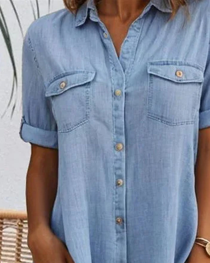 Sveta Short-Sleeved Denim Dress with Button Placket