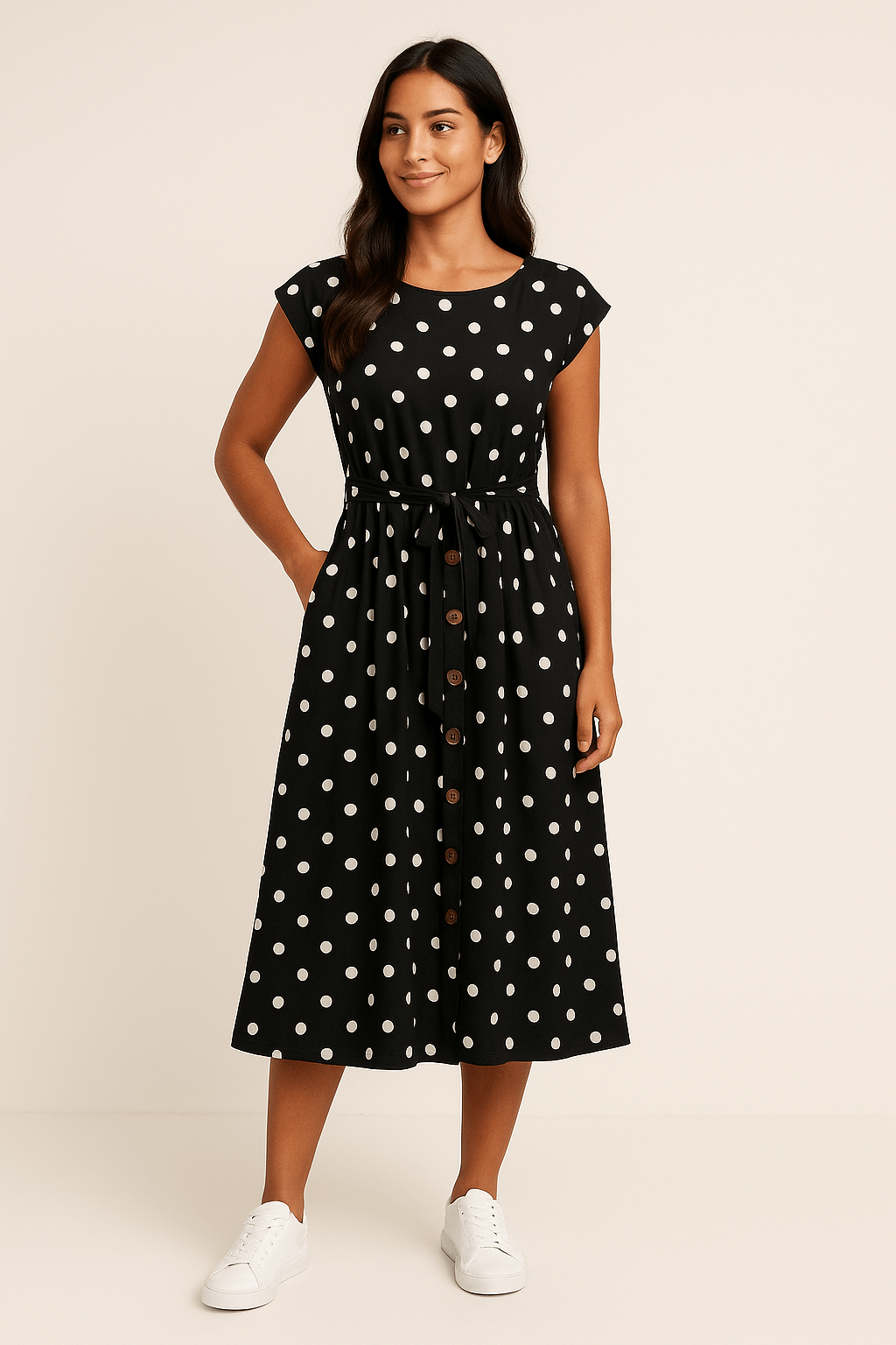 SOHO | Women's Midi Dress with Polka Dot Pattern and Tie Belt