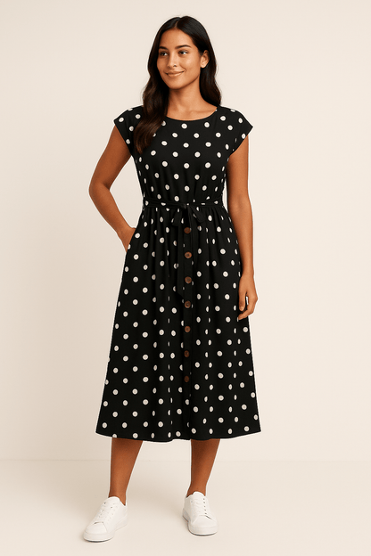 SOHO | Women's Midi Dress with Polka Dot Pattern and Tie Belt