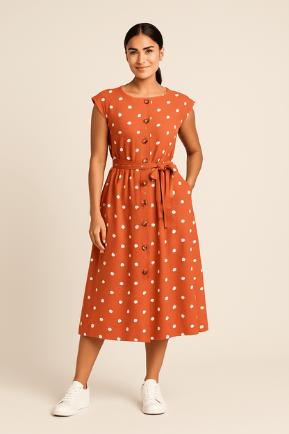 SOHO | Women's Midi Dress with Polka Dot Pattern and Tie Belt