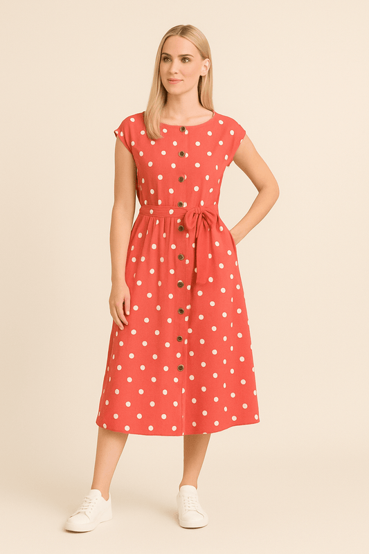 SOHO | Women's Midi Dress with Polka Dot Pattern and Tie Belt