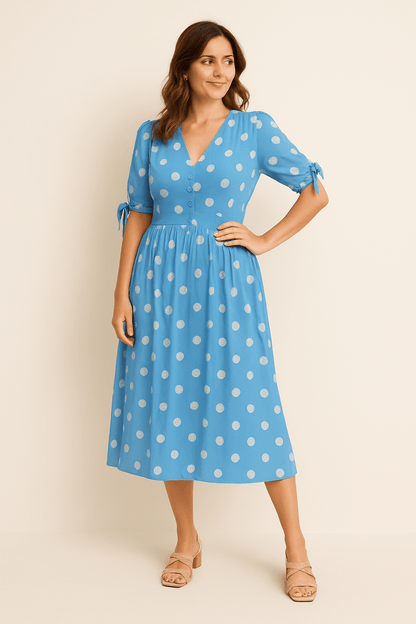 SOHO | Women's Midi Dress Light and Airy with Dots and Tie Belt