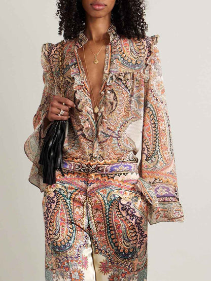 Exquisite Vintage Paisley Print Ruffled Shirt - Timeless Elegance with Feminine Charm