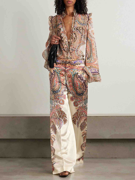 Exquisite Vintage Paisley Print Ruffled Shirt - Timeless Elegance with Feminine Charm