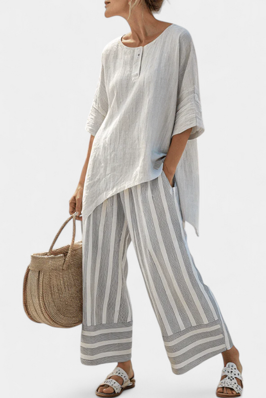 Daisy Set of Asymmetrical Blouse and Striped Pants for a Modern and Elegant Style