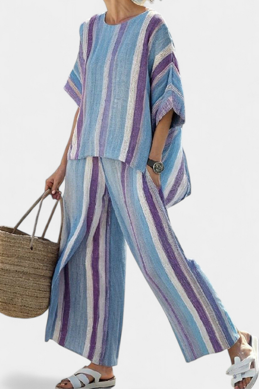 Elegant Daisy Striped Set in Mauve and Pastel Blue for a Sophisticated Look