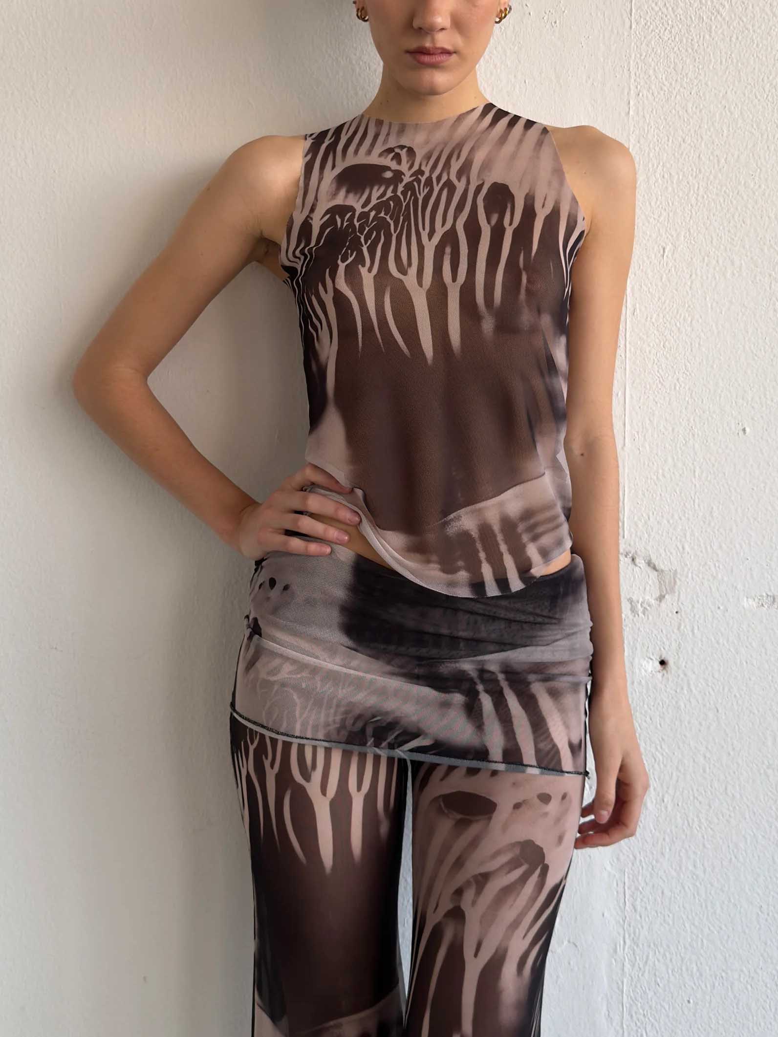 Unique Abstract Print Mesh Sleeveless Top, Earth Tones, Form-Fitting, High Neck Design
